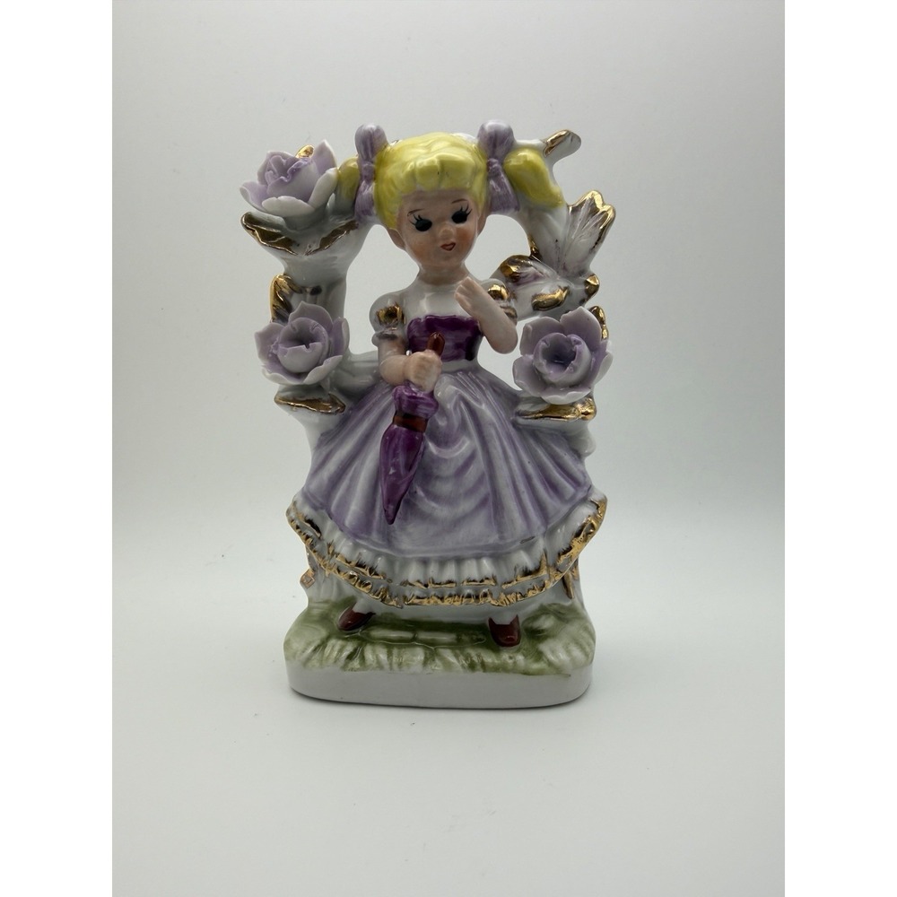 Vintage Porcelain Girl Figurine w/ floral trellis & lavender dress Made In Korea